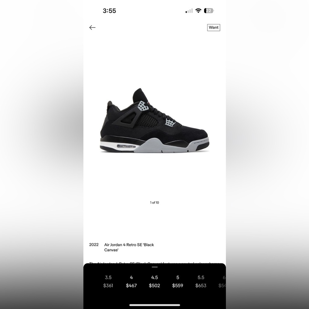 Air Jordan 4 Retro SE ‘Black Canvas’
Men 4.5/Woman 6.5